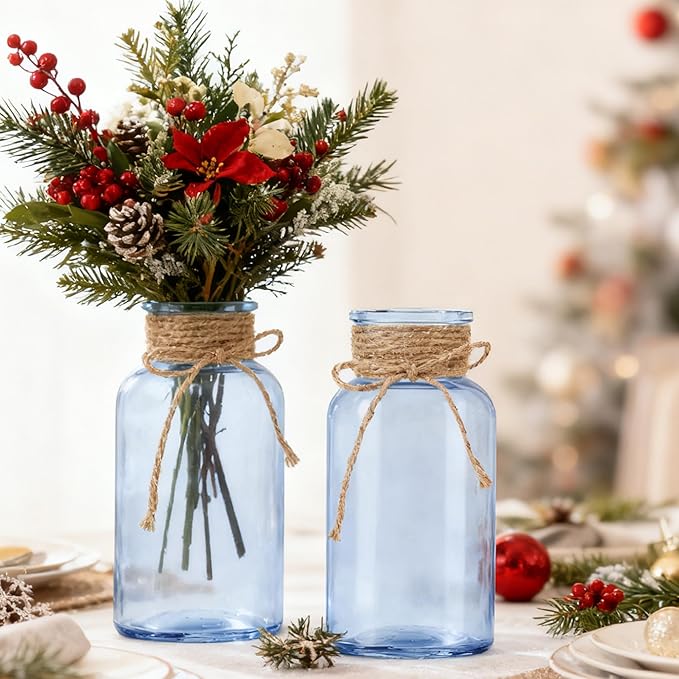 Vintage Glass Flower Vase, Farmhouse Glass Centerpiece Vases Mason Jars for Weddings, Parties & Home Decor Bulk (6, Blue)