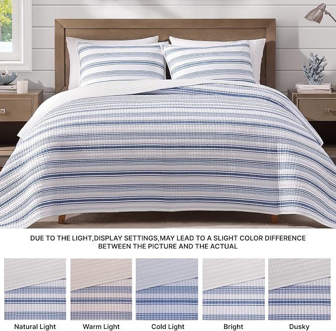 WRENSONGE Striped Queen Quilt-3 Pieces Lightweight Bedspread Blue White Quilt Queen Size Quilt Bedding Set for All Seasons, Soft Summer Reversible Nautical Coverlet with 2 Pillow Shams