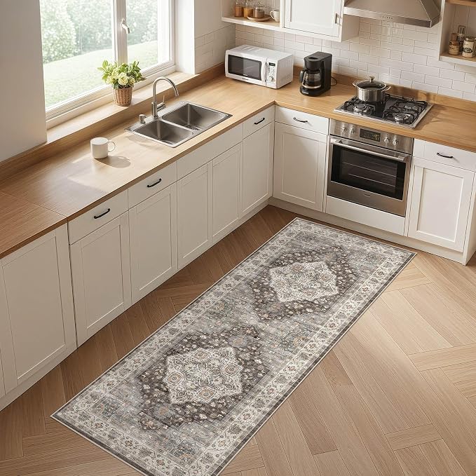Runner Rug Kitchen Washable Rugs: 3x8 Non-Slip Boho Vintage Stain Resistant Indoor Neutral Farmhouse Throw Carpet for Hallway Bathroom Laundry Room Entryway Bedroom- Grey Brown