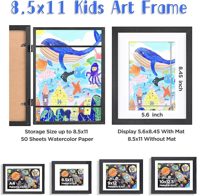KINLINK 8.5x11 Kids Art Frame Set of 2, Solid Wood Kids Artwork Frames Changeable with Front Opening Hold 150 Pictures, Art Frames for Kids Art with Mat,without Mat 8.5x11 Picture Frame Black Wood