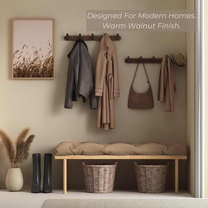 Jugen Coat Rack Wall Mount – Solid Black Walnut with 5 Heavy Duty Matte Black Hooks, Wooden Wall Coat Rack for Entryway, Coats, Hats & Bags - 19.7in, No Drill Adhesive or Hidden Screw Mount (2)