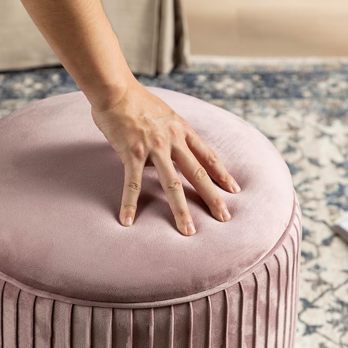 Glitzhome Round Ottoman with Storage, Pleated Velvet Small Foot Stool, Modern Accent Stool Upholstered Vanity Stool with Rubberwood Ball Feet for Bedroom Living Room Dorm Room, Dusty Pink