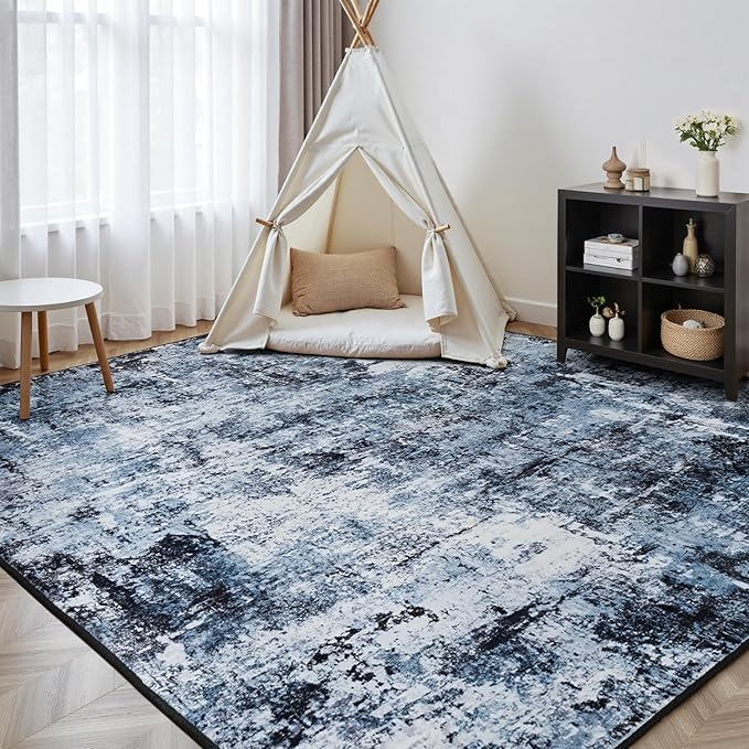 Rugflix 10x12 Area Rugs for Living Room, Washable Large Rug Stain-Resistant Low Pile, Modern Dark Carpet for Dining Room Home Office Kid Room Nursery Bedroom, Navy Blue/Black