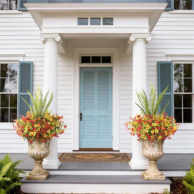INQCMY Artificial Flowers for Outdoor 12 Pcs Faux Silk Daisy and 1 Pcs Fake Long Leaved Grass UV Resistant Tall Ferns for Home Doorway Courtyard Garden Backyard Decorative