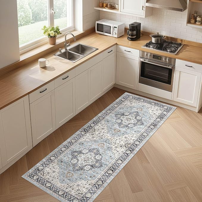 Runner Rug Kitchen Washable Rugs: 3x8 Non-Slip Boho Vintage Distressed Stain Resistant Indoor Neutral Farmhouse Throw Carpet for Hallway Bathroom Laundry Room Entryway Bedroom- Blue Tan