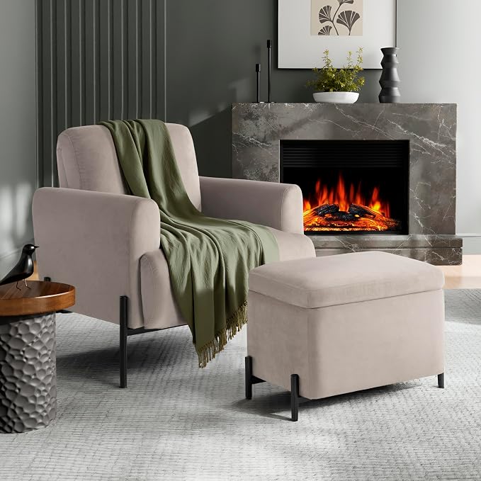 Studio Living® Connor 24" Small Storage Ottoman, Modern Boho, Matte Black Metal Legs, Velvet Fabric, Taupe