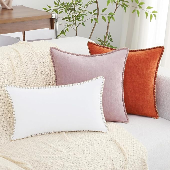 decorUhome Chenille Soft Cozy Throw Pillow Covers 12x20 Set of 2, Modern Farmhouse Boho Velvet Decorative Pillow Cases with Stitched Edge for Couch Sofa Bed Home Decor, Rust