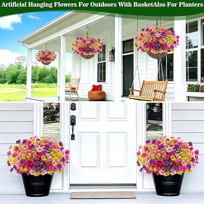 2 Sets Artificial Hanging Plants Flowers Basket Outdoor, Fake Hanging Plants Set of 2 Includes 24 Pcs Flowers for Porch, Patio, Garden, Home Decor in Spring Summer (Red, Purple, Yellow, Rose Red)