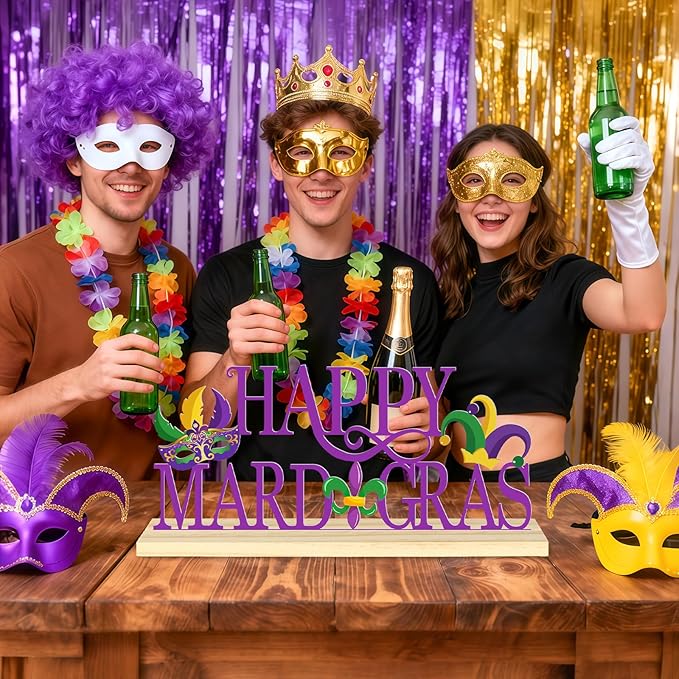 Happy Mardi Gras Metal Table Sign, Mardi Gras Table Decoration Centerpiece, Metal Letter Sign with Wooden Base, Holiday Tabletop Decor for Home, Office, Mantel, Party Supplies