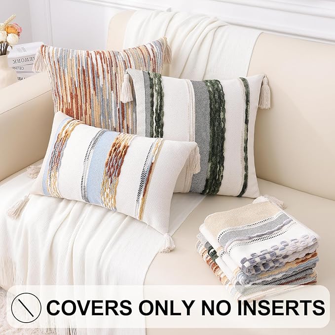Simmore Fall Boho Decorative Throw Pillow Covers 12x20 Set of 2, Tufted Farmhouse Pillow Covers with Tassels for Cozy Bohemian Couch Sofa Bedroom Home Decor, Rust