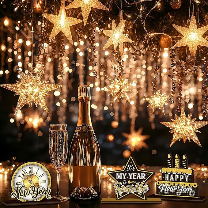 Cinnvoice 6 Pcs Happy New Year Table Decorations Wooden Table Centerpieces Rustic Wood Tabletop Sign Decorations for Home Kitchen Office Farmhouse Desk Shelves Party Tiered Tray Decor