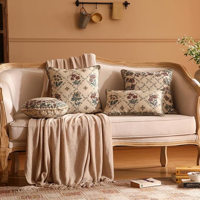patdrea Vintage Linen Throw Pillow Cover,Diameter 16",Set of 2-Audrey B | French Decorative Pillow Case with Zipper,Brown Floral Pattern,Pillow Cover for Couch Living Room Bedroom Sofa