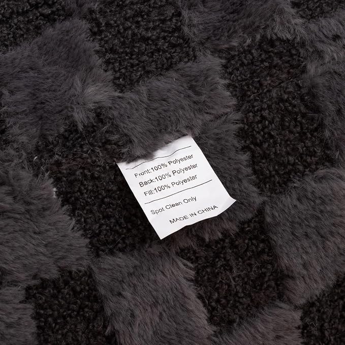 A Nice Night Faux Fur Reading Pillow,Checkered Fluffy Grid Plaid,Bed Wedge Pillow Large Adult Children Backrest with Arms for Bedrest,Darkgrey