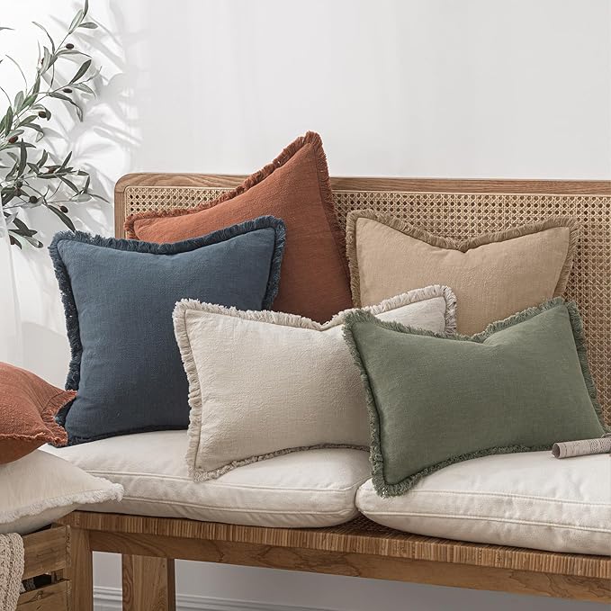 MIULEE Decorative Throw Pillow Covers Neutral Linen Fringe Throw Pillows Euro Shams Set of 2 Camel Boho Farmhouse Cushion Covers for Couch Sofa Bed Living Room Spring Home Decor 22x22 Inch
