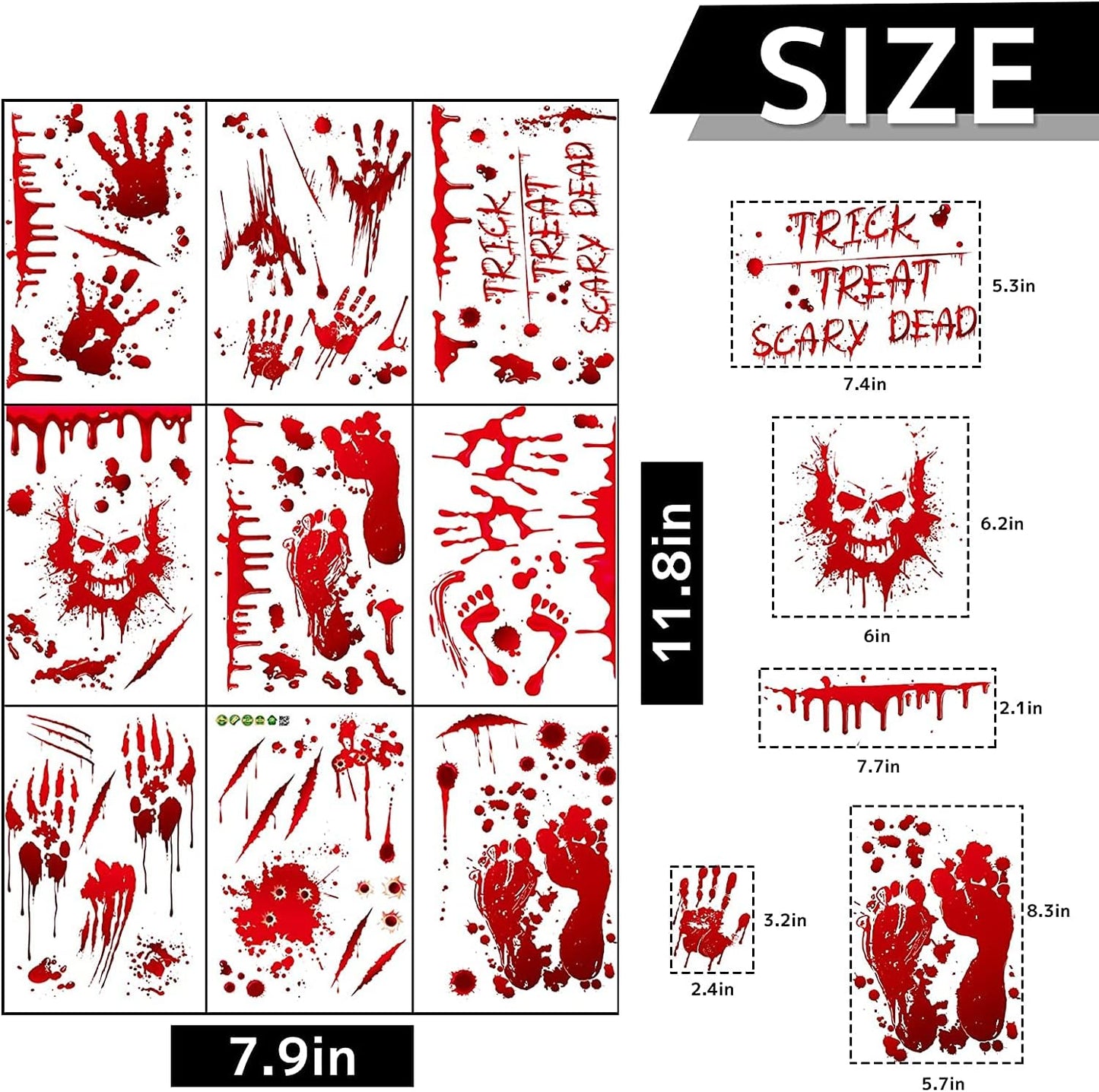 MSQ 95 Pcs Bloody Window Stickers - Removable Handprint Footprint Decals Floor Clings for Halloween Party Decorations - 9 Sheets Horror Window Stickers