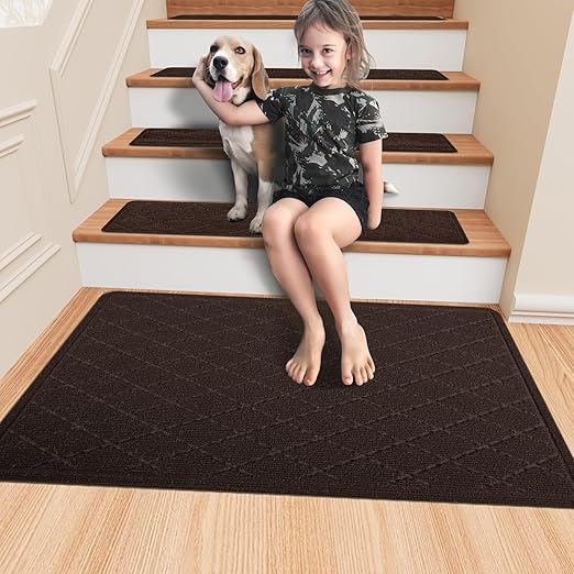KOOTETA Non Slip Stair Treads Landing Rug for Wooden Steps Indoor, 20"X32" Landing Slip Resistant Stair Rugs for Kids and Dogs, Polyester Stair Landing Mat,Brown
