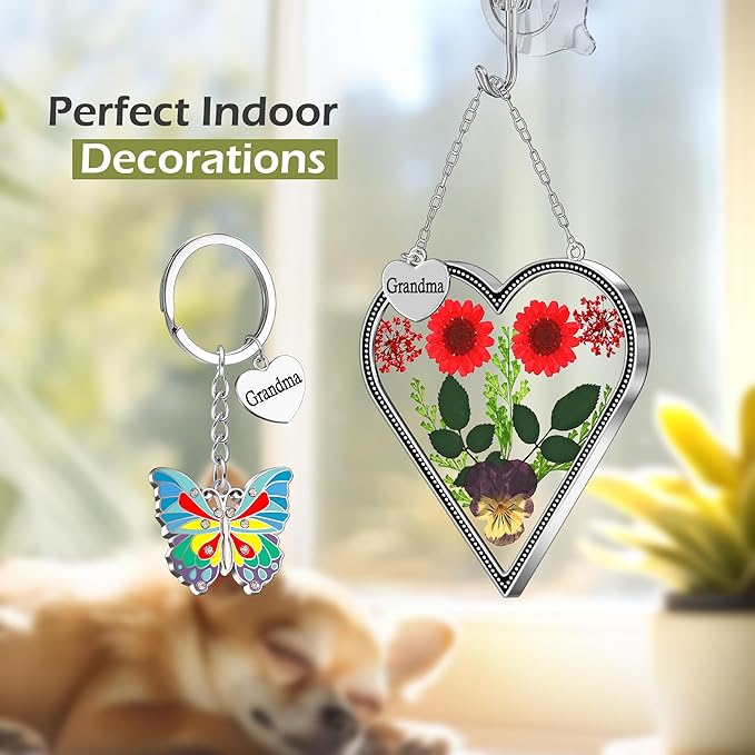 KY&BOSAM Heart Suncatcher for Windows Hangings Grandma Gift Stained Glass Butterfly Suncatcher Pressed Flower Between Heart in Glass Metal Engraved Charm Gift for Women Mother's Day Birthday Christmas