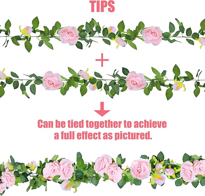 Sggvecsy 2Pcs 15.5Ft Artificial Rose Vine Fake Flower Garland Floral Garland Faux Silk Hanging Vine Rose Ivy Vines for Wedding Arch Party Wall Garden Ceremony Background Outdoor Decor (Pink)