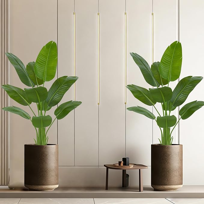 Pack 2 Artificial Bird of Paradise Plant 5FT Fake Palm Tree Faux Plants in White Pot Artificial Tree Fake Plant for Indoor Outdoor Modern Decoration for Home Living Room Office