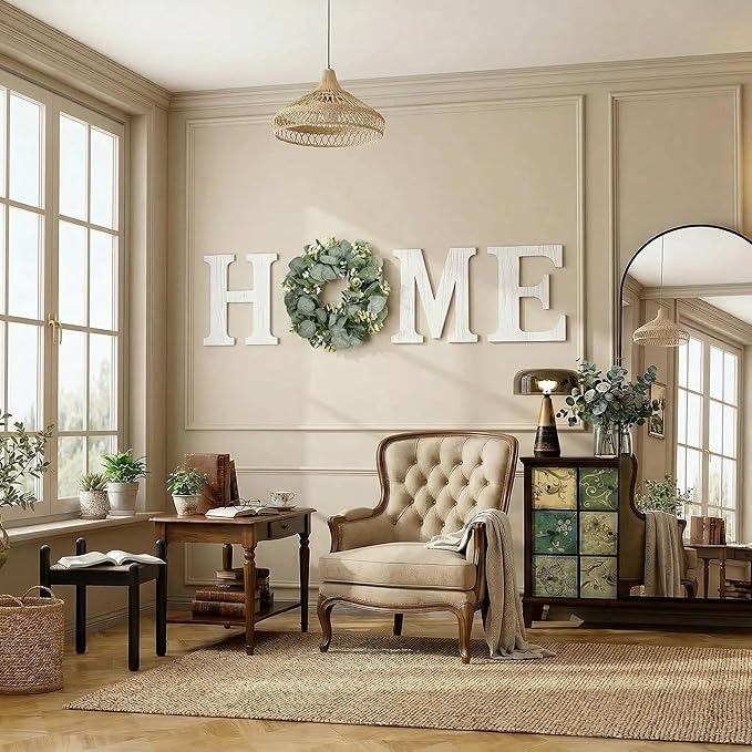 Pinkpum Wood Home Sign with Artificial Eucalyptus Wreath for O, Hanging Farmhouse Wall House Decor Wood Letters for Wall Art Rustic Home Decor, Wall Decor for Living Room Kitchen Entryway (White)