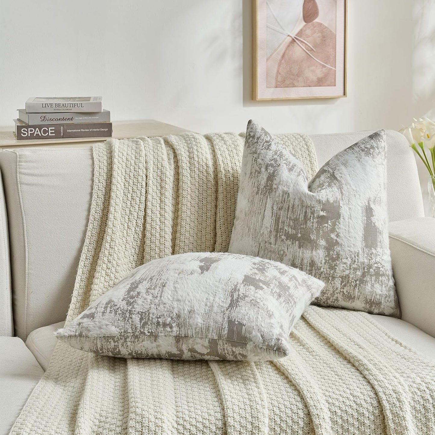 FUTEI Grey White Decorative Throw Pillow Covers 24x24 Inch Set of 2,Soft Faux Cashmere Jacquard - Textured & Cozy Euro Pillow Shams,Modern Home Decor for Couch Bed Living Room