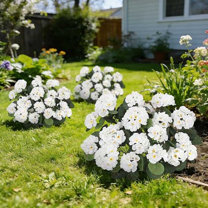 Ouddy Decor Artificial Geranium Flowers for Outdoors, Fake Silk Flowers UV Resistant Faux Geraniums for Vase Planter Garden Patio Balcony Porch Indoor Outdoor Spring Summer Home Decor, 24 Pcs White