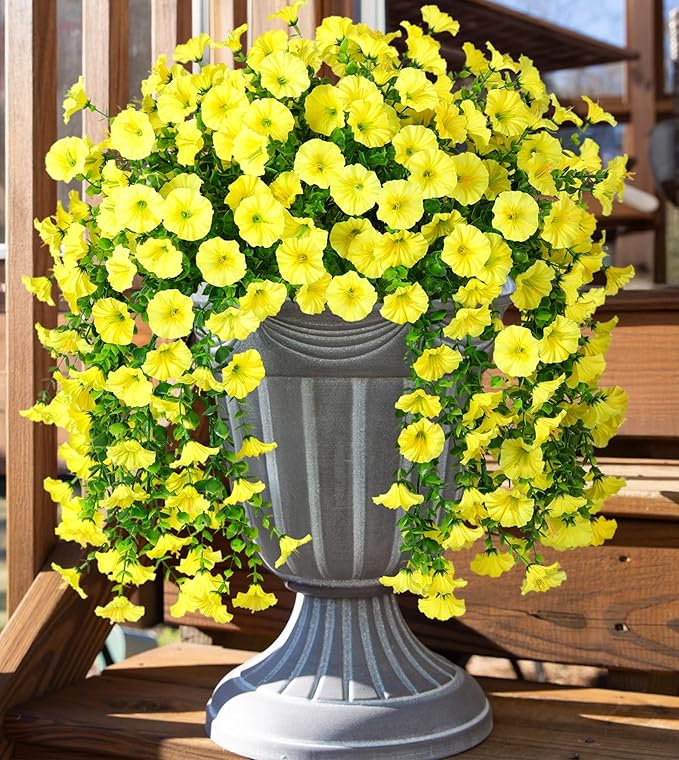 Ivydale 2 PCS Artificial Hanging Flowers Fake Plants Outdoor,Silk Morning Glory Faux Flowers with Eucalyptus Leaves,UV Resistant Realistic Hanging Petunias Plants for Home Garden Decor (Yellow)