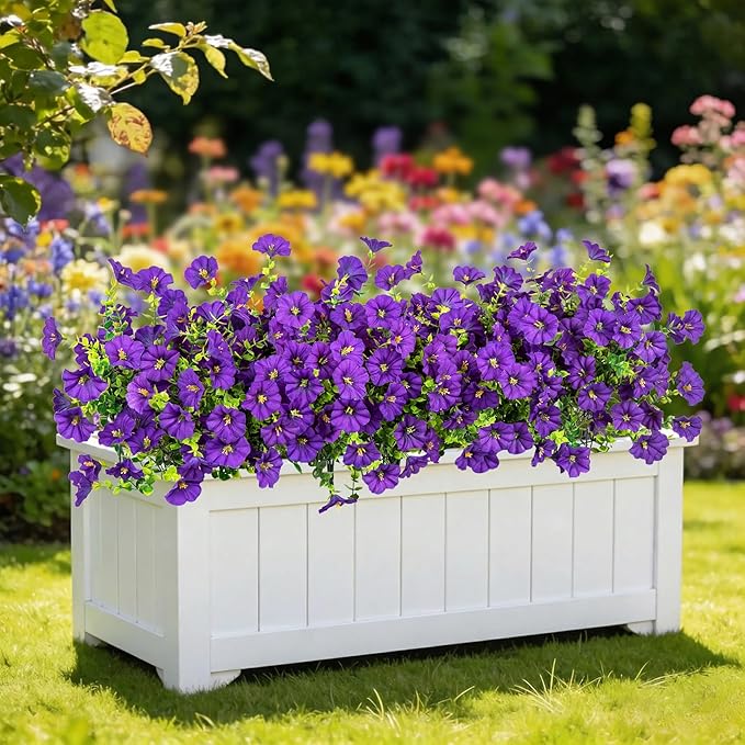 Ouddy Decor 24 Bundles Artificial Flowers for Outdoors, Fake Petunias Flowers Silk Morning Glory with Eucalyptus Faux Plants for Indoor Outside Spring Summer Yard Garden Porch Home Decor, Purple