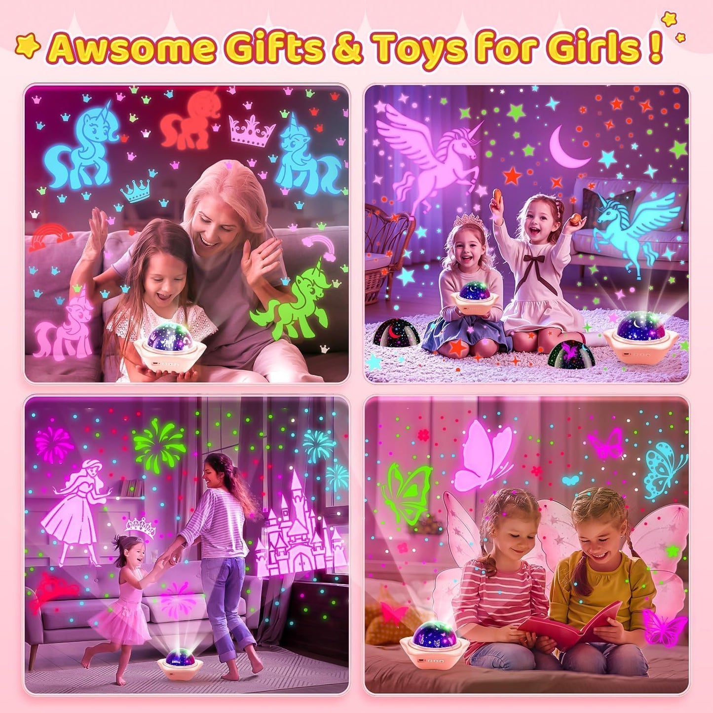 One Fire Unicorns Gifts for Girls Toys, 6 Films Unicorn Night Light Projector for Bedroom,Rechargeable Night Light for Girls Gifts,360° Rotating Butterfly Lamp,Unicorn Toys Mermaid Toys Princess Gifts