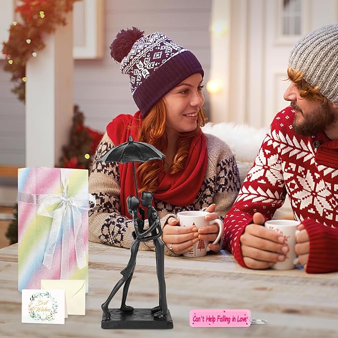 Kresecioo Anniversary for Couple/Her, Affectionate Couple Statue Kissing Under Umbrella, Handcrafted Cast Iron Sculpture in Love, Wedding Gifts 6th Anniversary Mothers Day Love Gifts for Wife