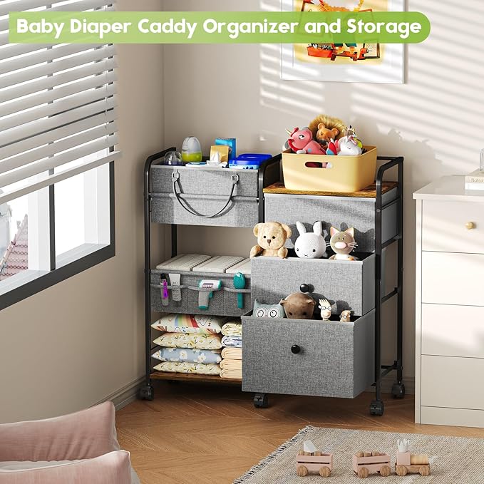 Cidaziya 2In1 Baby Diaper Caddy Organizer and Storage, 3 Tier Rolling Cart with Dividers and Drawers, Mobile Utility Cart Baby Dresser Clothes Organizer for Changing Table, Crib Nursery, Bedroom, Grey
