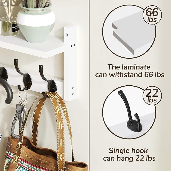 AMBIRD 34.2" L Wooden Wall Coat Hooks with Shelf - Versatile and Decorative Wall-Mounted Storage - 10 Hooks for Hanging Coats, Hats, Keys, Bags, Scarves - Ideal for Entryways, Bedrooms, Closets(White)