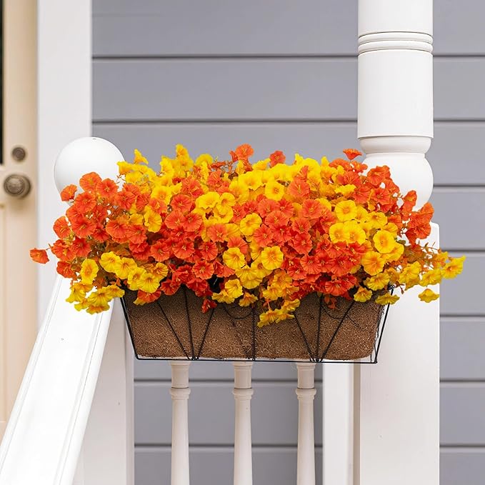 16 Bundles Fall Mums Artificial Flowers for Outdoor Decoration,Realistic Fake Plants Orange Red Petunias, UV Resistant Faux Yellow Silk Flowers for Vase Planter Front door Porch Garden (Autumn)