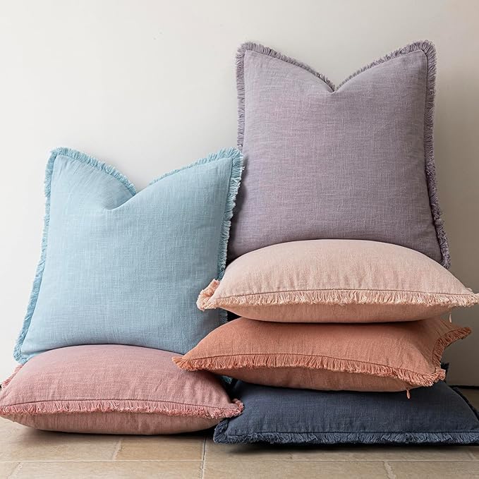 Foindtower Set of 2 Decorative Linen Fringe Throw Pillow Covers Cozy Boho Farmhouse Cushion Cover with Tassels Soft Accent Pillowcase for Couch Sofa Bed Living Room Home Decor,18×18 Inch,Light Blue