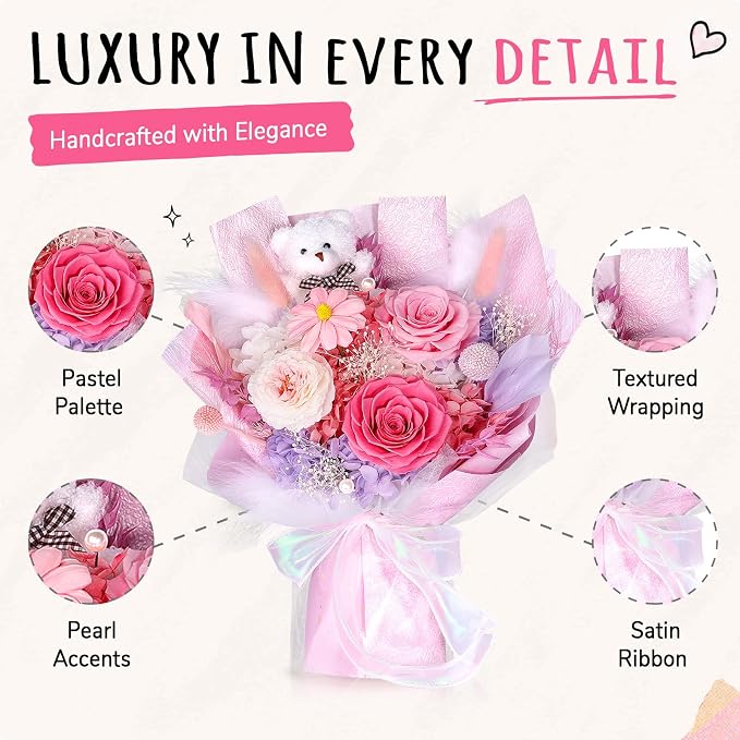 Preserved Flowers Bouquet with Bear, 3 Real Forever Flowers for Delivery, Long-Lasting Sweet Pink Eteranl Roses Bouquet, Anniversary Birthday Gifts for Women Mom Her Girlfriend Wife