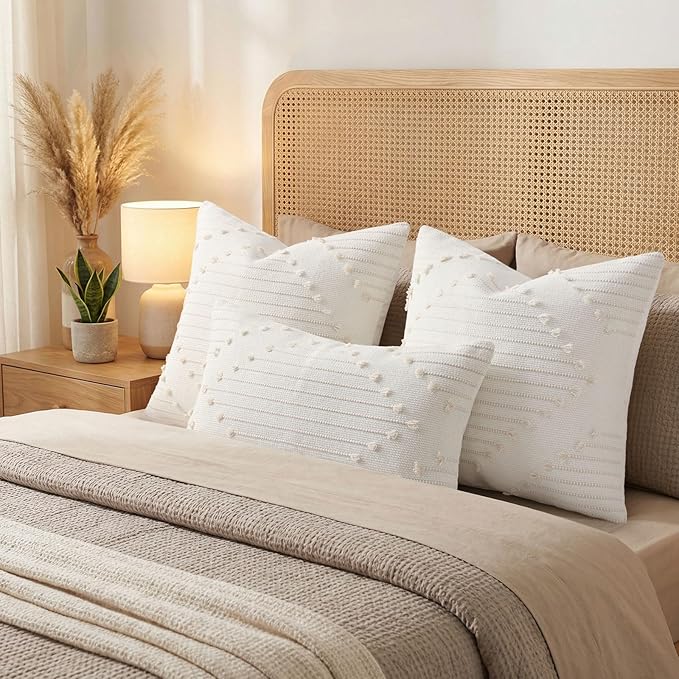 Mecatny Boho Outdoor Throw Pillow Covers 20X20 Set of 2, Farmhouse Decorative Pillow Covers for Couch Sofa Living Room, Beige & Cream White
