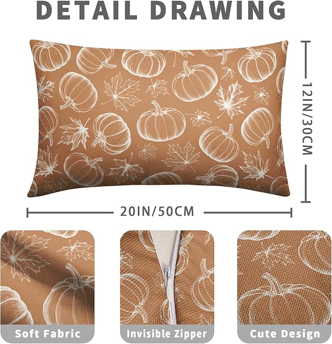 Fall Lumbar Pillow Covers 12x20 Set of 2 Burnt Orange Pumpkin Maple Leaves Throw Pillow Covers Autumn Rectangular Pillowcase Thanksgiving Cushion Case for Home Decor Sofa