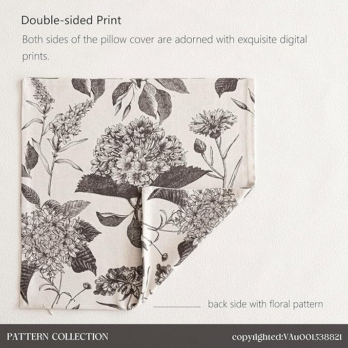 Foindtower Set of 2 Linen Floral Vintage Throw Pillow Covers Neutral Accent Print Decorative Cushion Covers Farmhouse Boho Home Decor for Sofa Chair Couch Bedroom Living Room,18×18 Inch,Black