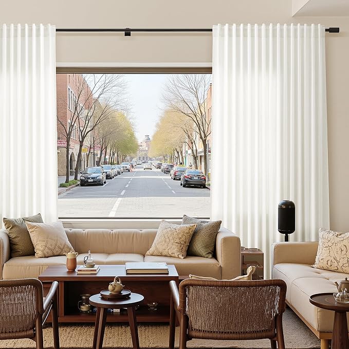 Nanspring Beige White Linen Curtains 50 x 96 inches Long Living Room Back Tab Rod Pocket Semi Sheer Curtain Boho Light Filtering Thick Linen Drapes for Bedroom, Beige White, Set of 2 Panels