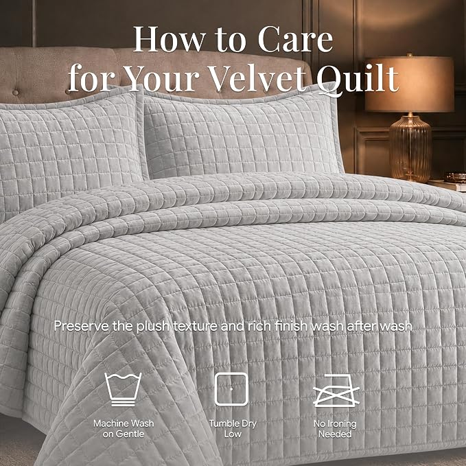Tribeca Living Luxury Velvet Quilt King Size Set - 260GSM Ultra-Soft Oversized Velvet Bedspread Comforter Set with 2 Shams, in Florence Silver Grey