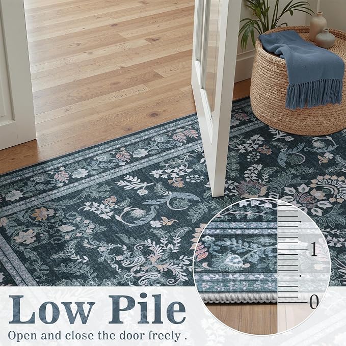 DCX Washable Runner Rug 2x6, Blue Vintage Floral Hallway Rug with Non Slip Rubber Backing, Soft Low Pile Kitchen Runner Rug, Machine Washable Area Rug for Entryway, Laundry Room, Bathroom