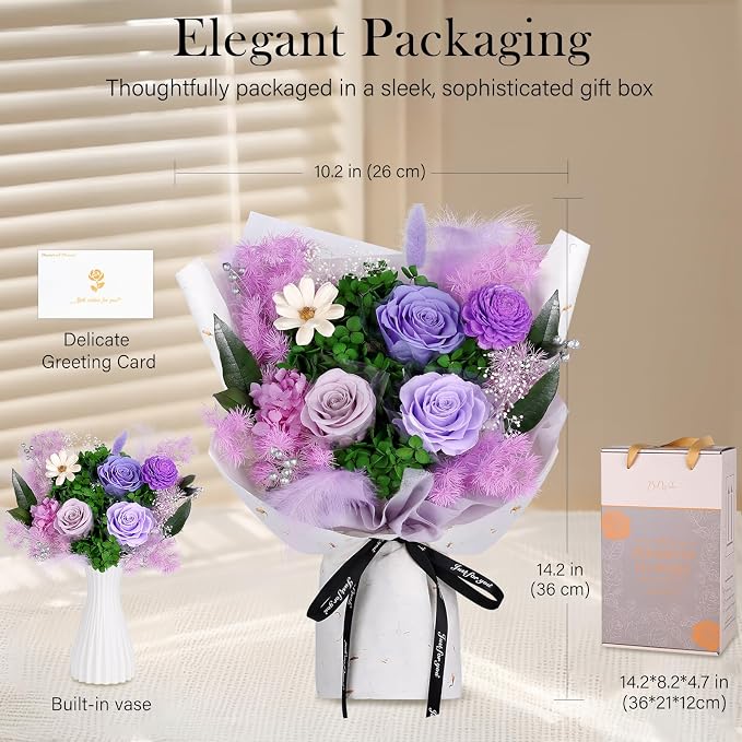 MAMAMIKO Preserved Flowers Bouquet - Forever Flowers for Delivery, Real Eternal Roses Bouquet, for Mom Grandma Wife, Anniversary Birthday Gifts for Women