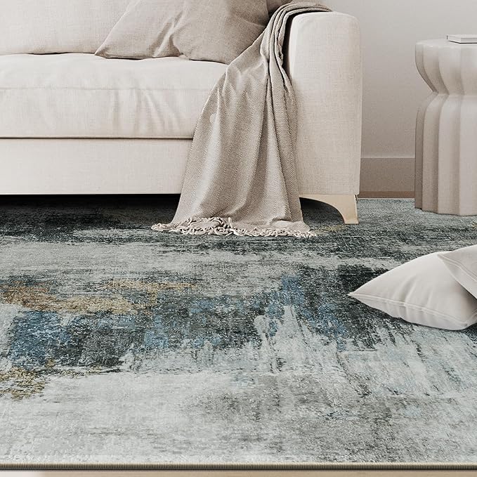 5x7 Area Rugs for Living Room Rug Washable: Abstract Rug for Dining Room Bedroom Carpet Non Slip 5 by 7 Indoor Modern Nursery Home Office Black Gold