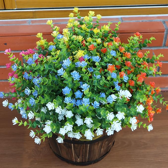 Artificial Flowers Outdoors, 12 Bundles Fake Flowers UV-Anti for Decoration Faux Plastic Plants Garden Porch Window Box Décor, WhitePinkYellowOrangeBlueGreen