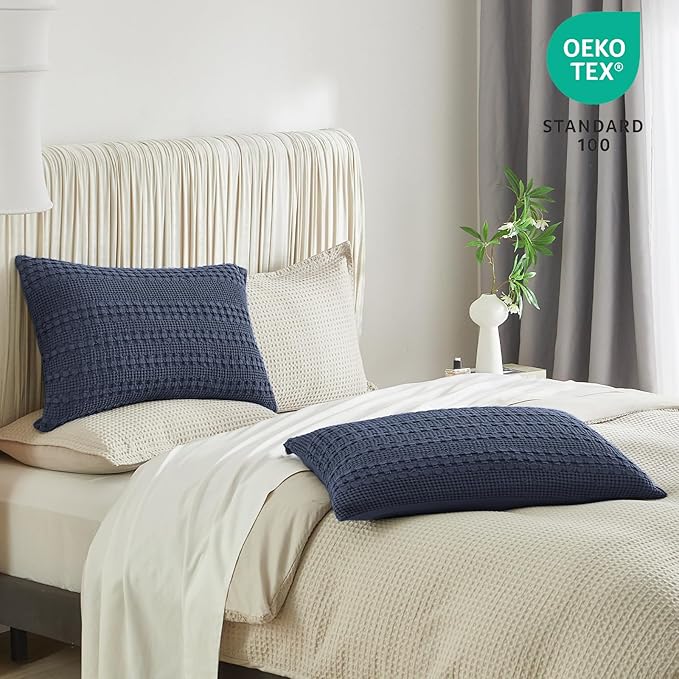 PHF 100% Cotton Waffle Pillow Shams Queen Size, 2 Pack 20" x 30" Soft Skin-Friendly Pillowcases, No Filling, Aesthetic Woven and Breathable Waffle Weave Pillow Case Covers for Bed, Indigo