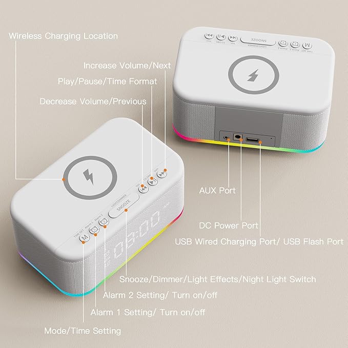 Wireless Charging Alarm Clock Bedroom, Digital Alarm Clocks Bedrooms Bluetooth, Loud Bluetooth Speaker Alarm Clock Night Light Dual Alarm Snooze 12/24H Dimmer Bluetooth AUX USB Charging, White