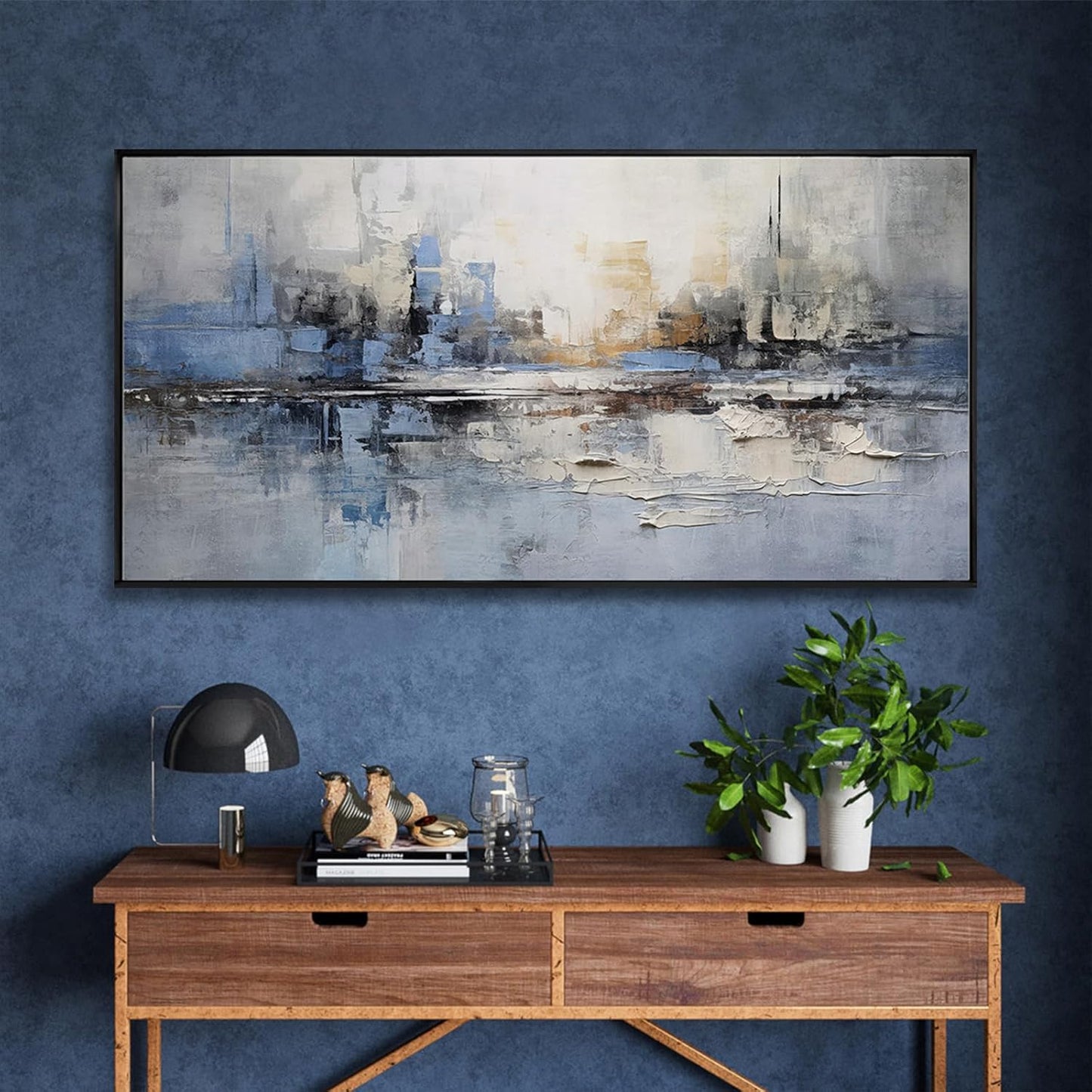Abstract Wall Art Blue and White Reflection Large Size Framed Artwork Wall Decor Canvas Painting Stretched Canvas Wooden for Living Room Bedroom Office Home Decor Frame ready for hanging 30"x60"