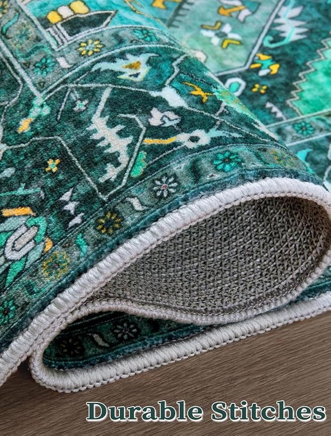 SERISSA Runner Rug for Hallways, 2'6"x16' Washable Non Slip Kitchen Runner Rug, Extra Long Boho Rug Ultra Soft Vintage Teal Print Floor Carpet for Bedroom Hallway Entryway Bathroom Laundry Room