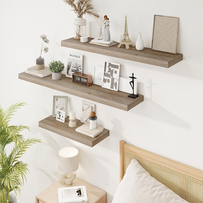 36in Floating Shelves for Wall, 36"W x 9.25"D x 1.25"H, 2 Pack Long Wall Mounted Engineered Wood Shelves with Invisible Brackets for Living Room, Bedroom, Bathroom, Kitchen Decor and Storage, Grey