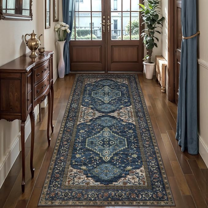 Tangsoo 2x6 Washable Runner Rug for Hallways, Non Slip Vintage Runner Rug, Soft Low Pile Long Rug Runner, Print Distressed Carpet Runners for Kitchen Bedroom Entryway Bathroom Living Room Dark Blue